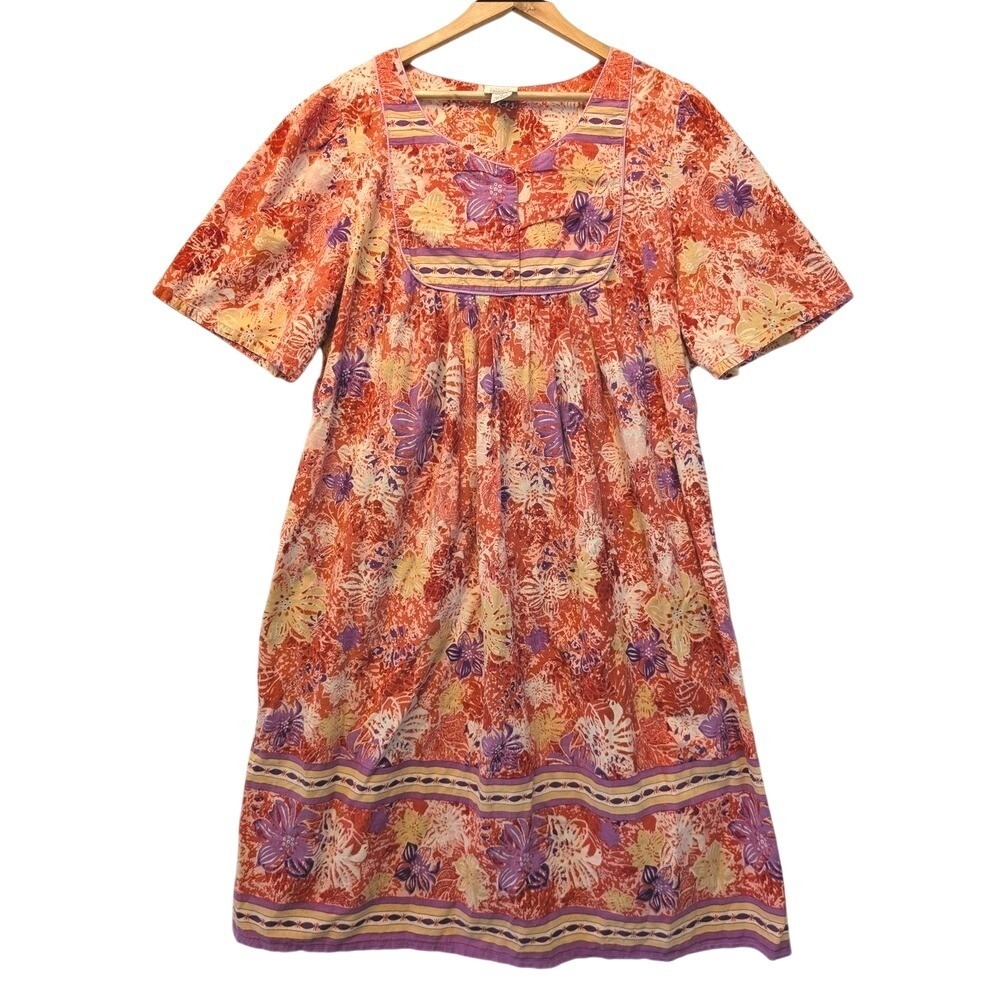 Only Necessities Womens 1X Nightgown Orange Floral Cotton Short Sleeve Lounger